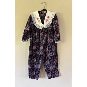 Vintage 90s Girls Jumpsuit Floral Paisley Lace Collar Purple 4T Cotton